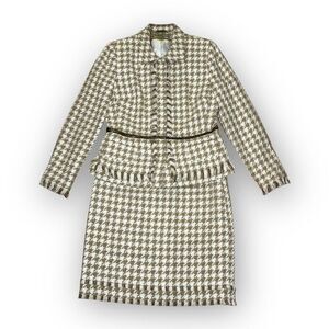 Allen Schwartz Houndstooth Wool Blend Cream Tan Gold Blazer Skirt Suit Womens 8